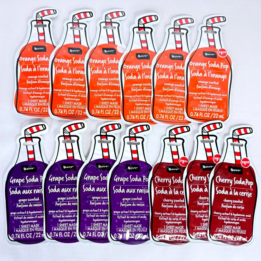 b.pure Soda Pop Sheet Mask Set 13ct Orange Grape Cherry Hyaluronic Acid Skincare